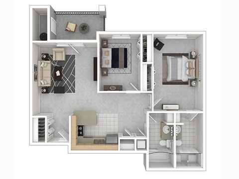 Floor plan for 2 beds, 2 baths, 897 sqft